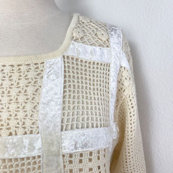 Otto Ivory Crochet Velvet Patchwork Top Large Long Sleeves Romantic Boho Whimsy - Picture 4 of 12